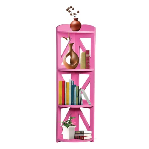 Corner Shelf Stand, Corner Bookshelf, Small Corner Shelves by Natural Wood, Plant Stand, Corner Bookcase for Living Room, Home Office, Bedroom, (Pink, 4 Tier) - color: Pink, size: 4 Tier