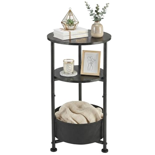 3-Tier Small Round Side Table with Storage Basket, Black | 11.8" Diameter Nursery Side Table Narrow End Table for Small Spaces, Modern Corner Table Small Nightstand Living Room Bedroom - color: Black