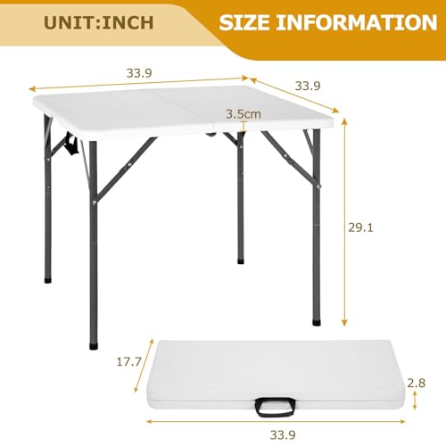 34" Folding Card Table, Heavy Duty Plastic Square Table - Portable Fold-in-Half w/Handle & Lock for Camping, BBQ, Party, Events - size: 34‘’ Square