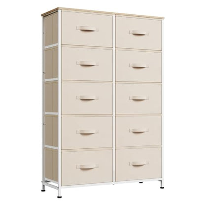 WLIVE Tall Dresser for Bedroom with 10 Fabric Drawers, Cream White | 10 Drawers, Fabric Dresser for Closet, Storage Tower with Cabinet, Metal Frame - color: Cream White