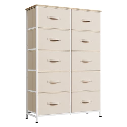 WLIVE Tall Dresser for Bedroom with 10 Fabric Drawers, Cream White | 10 Drawers, Fabric Dresser for Closet, Storage Tower with Cabinet, Metal Frame - color: Cream White
