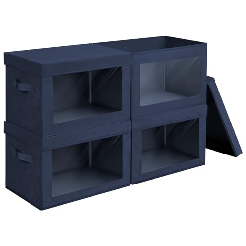 Organizing Bins with Lid - 4 Pack Foldable Clear Window Storage Bins, Large Storage Boxes with Handles, Storage Containers for Clothes, Towel, Blanket, Sheet, Navy Blue - color: Dark Blue, size: L(4-Pack)