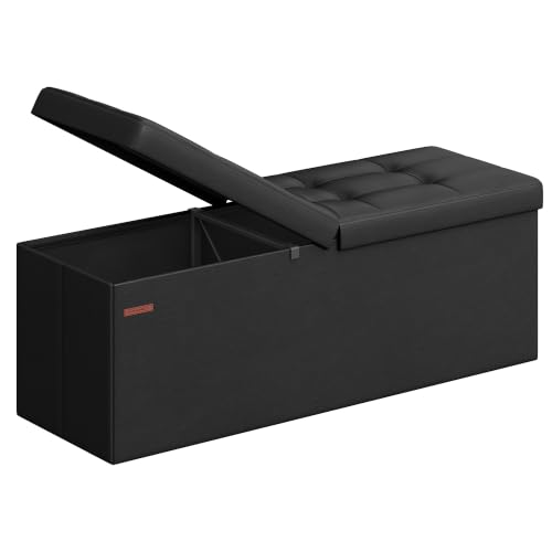 SONGMICS MAZIE Collection - 43 Inches Storage Ottoman Bench with Flipping Lid, Storage Chest with Iron Frame Support, Load 660 lb, for Living Room, Bedroom, Synthetic Leather, Black ULSF75BK - color: Black, size: 15"D x 43"W x 15"H, style: Classic