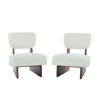 Christopher Knight Home Mores Low Profile Accent Chair Set of 2, Modern Living Room Armless Lounge Chair, Fabric Comfy Reading Chair for Bedroom, Wooden Frame and Thick Padded Seat, Walnut+White - color: Walnut+white