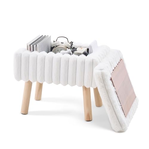 Wimarsbon Storage Ottoman,Soft Faux Fur Footstool with Padded Seat, Small Reading Vanity Chair, Footrest with Wood Tray for Couch, Mini Coffee Table or Display Stand (Cream)