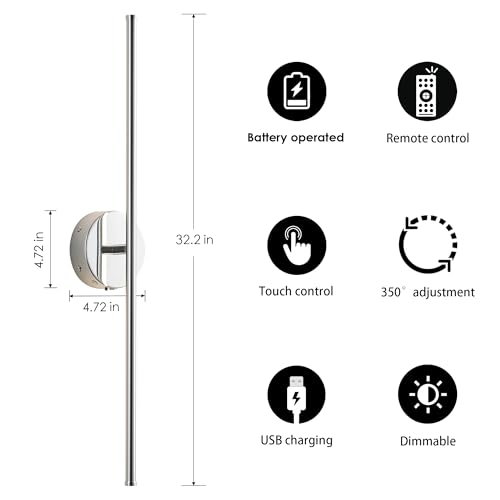 KARTOOSH Battery Operated Wall Sconces Set of Two Wireless Wall Lights | Rechargeable Wall Sconce with Remote 350°Rotate Dimmable 3000K LED Wall Lamp for Living Room, Bedroom - color: Chrome, size: 32.2 Inches