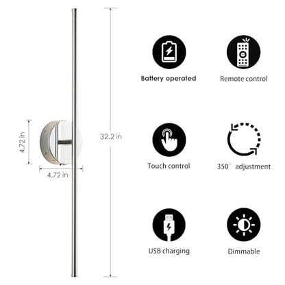 KARTOOSH Battery Operated Wall Sconces Set of Two Wireless Wall Lights | Rechargeable Wall Sconce with Remote 350°Rotate Dimmable 3000K LED Wall Lamp for Living Room, Bedroom - color: Chrome, size: 32.2 Inches