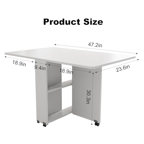 Folding Drop Leaf Dining Table with 6 Wheels & 2-Tier Storage Shelf, Space Saving Convertible Table for 2-6 People, Portable Kitchen Table or Desk for Small Apartments, White
