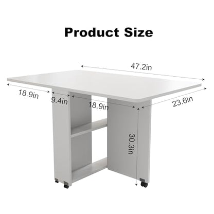 Folding Drop Leaf Dining Table with 6 Wheels & 2-Tier Storage Shelf, Space Saving Convertible Table for 2-6 People, Portable Kitchen Table or Desk for Small Apartments, White