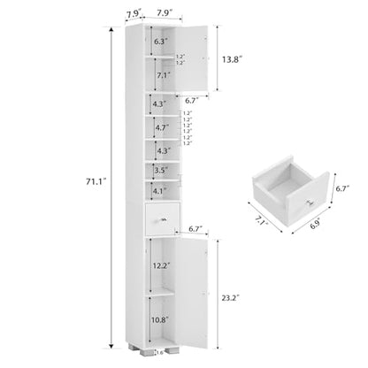 Bathroom Cabinet, Narrow Bathroom Storage Cabinet with 5 Adjustable Shelves & Drawer, Freestanding Cupboard for Small Spaces, White - color: White-5 Shelves