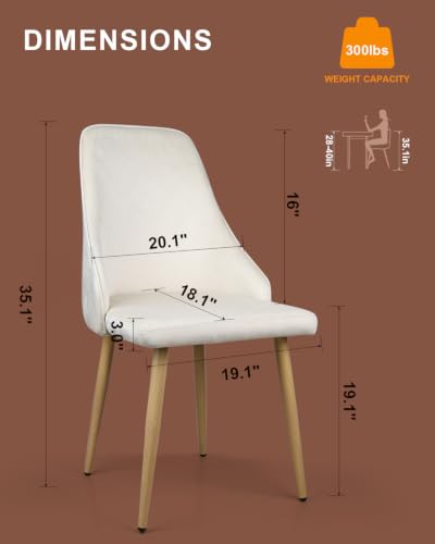 Set of 2 Mid-Century Dining Chairs High Back Beige Velvet Upholstered Modern Farmhouse Kitchen Chairs with Sturdy Metal Legs, Ergonomic Armless Accent Chairs for Dining Room/Living Room/Apartment - color: White