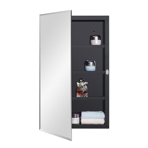 DYLLOR Black Plastic Medicine Mirror Cabinet for Bathroom with 16 x 26 inch Beveled Edge Mirror, Recessed and Surface Mount - color: Black, size: 16x26 inch Beveled Edge Mirror
