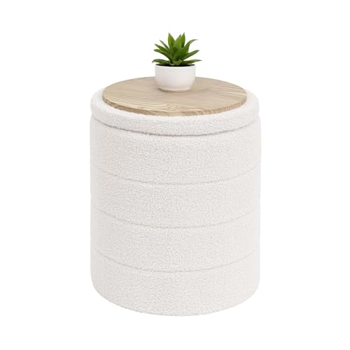 B FSOBEIIALEO Folding Storage Ottoman, Round Sherpa Ottomans, Cream White | 14.6" Foldable Ottoman With Tray, Boucle Foot Stool, Small Storage Coffee Table for Living Room, Bedroom, Hallway - color: White, size: 14.6"D x 14.6"W x 17.7"H
