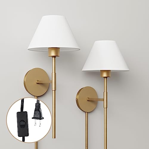 Nathan James Millie Plug-in Wall Sconce, Wall Mounted Bedside Reading Lamp with Cotton Shade and Brass Back Plate, Set of 2 - color: Brass/White, size: Set of 2