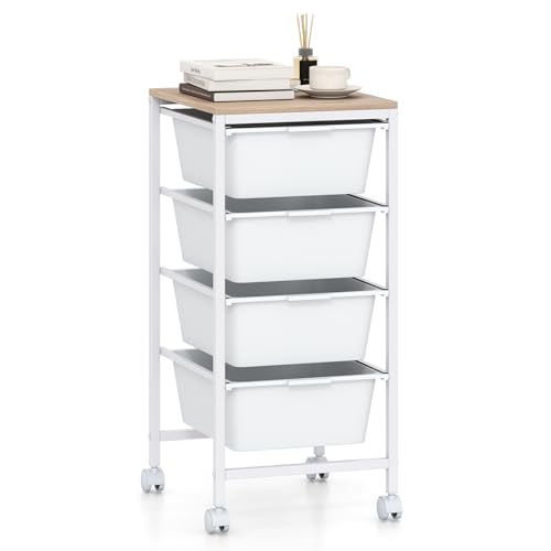 RELAX4LIFE 4-Drawer Rolling Storage Cart - Mobile Art Supply Craft Organizer on Wheels w/Wooden Tabletop & Metal Frame, Utility Storage Cart for Home Living Room Office Classroom (White, 28”H) - color: White, size: 28”H