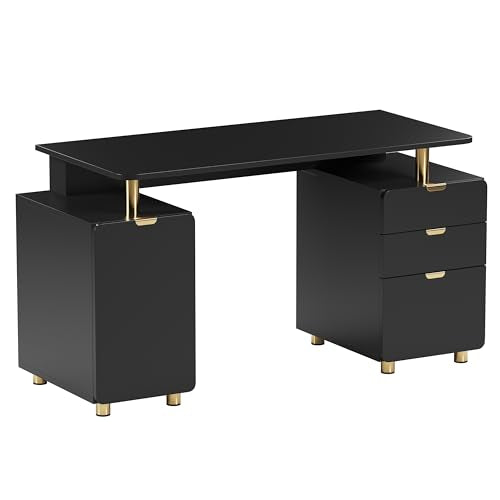 Techni Mobili 57"W Computer Desk w/ 3 Drawers & Storage Cabinet, Black/Gold | Home office workstation, durable construction, everyday productivity, Ideal for home office, Workspace organization - color: Black,gold