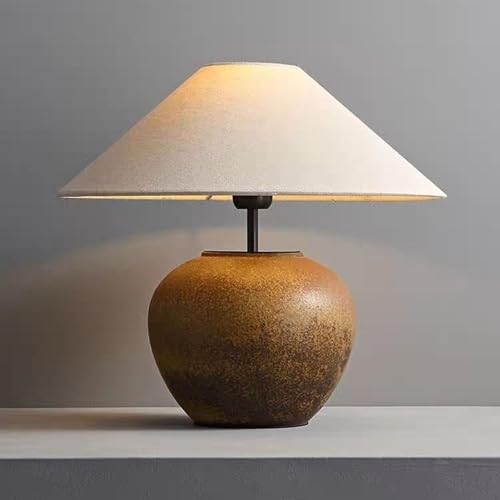 Ceramic Antique Style Pot Room Table Lamp Brown Wabi Sabi Ceramic Table Lamp Mid Century Modern End Desk Lamp Rustic Farmhouse Bedside Lamp for Nightstand Bedroom Living Room Home Office