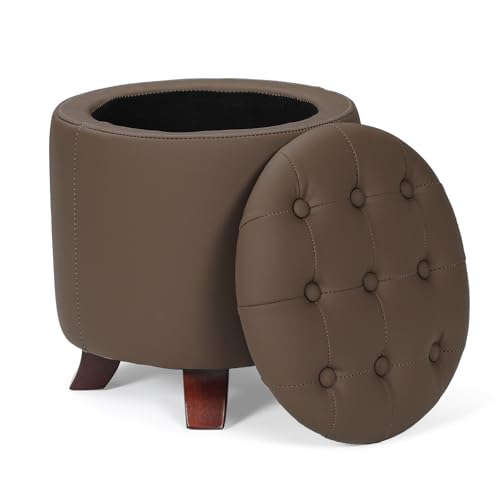 Athena Collection 15 Inch Small Ottoman with Storage, Round PU Leather Storage Ottoman Foot Rest with Removable Lid, Multipurpose Footstool Footrest for Living Room, Bedroom, Dorm, Brown - color: Brown, size: 15.5"D x 15.5"W x 17"H