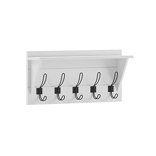 HBCY Creations 24" Wall Mounted Storage Rack - Pine Wood Construction - Solid White Finish - Upper Storage Shelf - 5 Hooks - Ideal for Entryway, Kitchen, Bathroom - color: Solid White