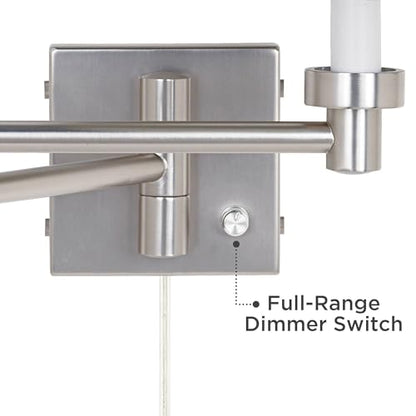 White Drum Brushed Nickel Swing Arm with Cord Cover Wall Lamp Light Fixture | Modern Plug-In Cotton Cylinder Shade for Bedroom Bedside House Reading Living Room Home Hallway Dining