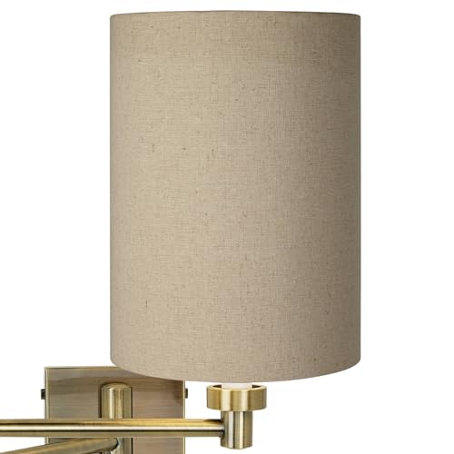 Tan Shade Antique Brass Plug-In Swing Arm Modern Wall Light Fixture | Indoor Dimmable Cotton Blend Cylinder for Bedroom Bedside House Reading Living Room Home Hallway Dining