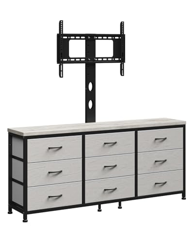 TV Stand with Mount for 32/55/65/75/85 inch TVs, Entertainment Center with 9 Fabric Drawers Dresser Storage, Height Adjustable Media Console - color: Greige