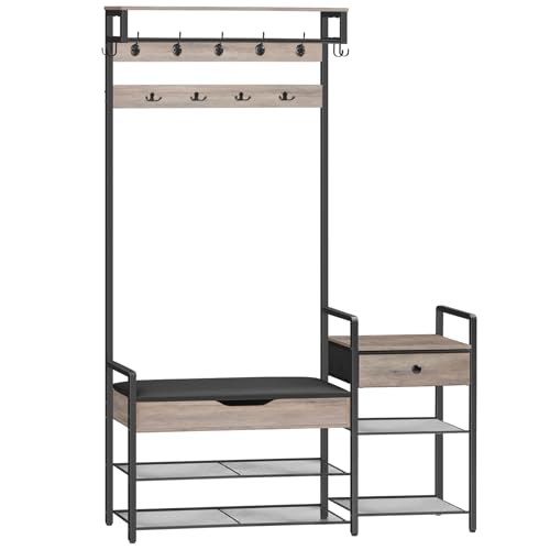 HOOBRO Hall Tree with Bench, Shoe and Coat Rack for Entryway, Coat Rack with Bench, Flip Top Storage Box, PU Cushioned Seat, Non-Woven Fabric Drawer, for Entrance, Greige and Black BG110MT01 - color: Greige + Black