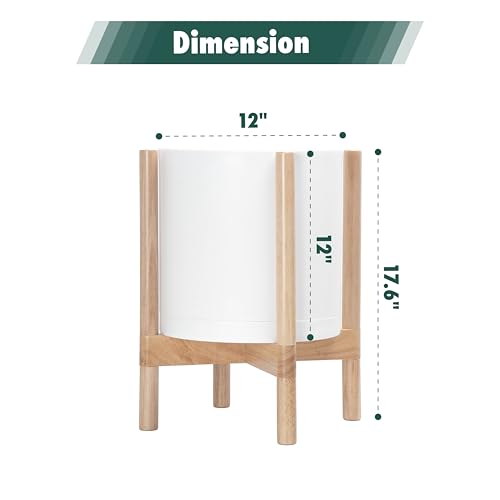 D'vine Dev Plastic Pot with Natural Wood Stand, White, 12 in, 55-C-P-1 | Mid-Century Inspired Design, Elevated Plant Display, Clean Lines, Sturdy Support, Modern Space-Saving Style - color: Matte White Pot + Natural Stand, size: 12 Inch