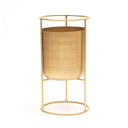 Olly & Rose Matt Metal Plant Pot with Gold Plant Stand - Tall 20 Inch Height Large Plant Pot Indoors with Stand - Large Decorative Planter