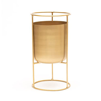 Olly & Rose Matt Metal Plant Pot with Gold Plant Stand - Tall 20 Inch Height Large Plant Pot Indoors with Stand - Large Decorative Planter