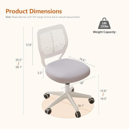 JPBSTO Armless Desk Chair, Height Adjustable Swivel Office Rolling Task Chairs with Soft Mesh Padded Cushion, Ergonomic Small Study Computer Chair for Girls Boys Teens (Gray, 1PC) - color: Grey