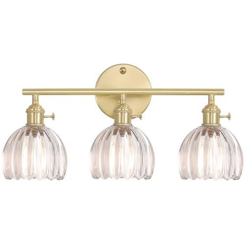 Shenmoyl Bathroom Light Fixtures, 3-Light Brass Vanity wall Light Over Mirror with Clear Tulip Glass Shade for Bedroom Living Room (Bulb Not Included) - color: Yellow Gold Base-Clear, size: 3-light