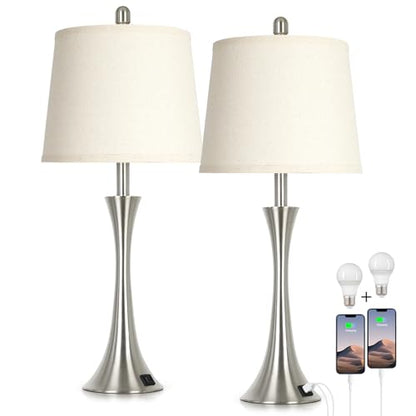 Rinweey 27.5" Silver Table Lamps Set of 2, Touch Bedside Lamps with USB C+A Ports, 3 Way Dimmable Nightstand Lamps for Bedroom, Living Room, Office, Silver Lamp with Beige Lampshade, Bulbs Included - color: Silver (2 Pack)