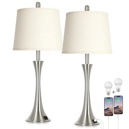Rinweey 27.5" Silver Table Lamps Set of 2, Touch Bedside Lamps with USB C+A Ports, 3 Way Dimmable Nightstand Lamps for Bedroom, Living Room, Office, Silver Lamp with Beige Lampshade, Bulbs Included - color: Silver (2 Pack)