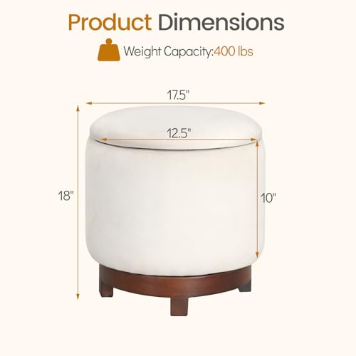 GIANTEX Round Ottoman with Storage, 360° Swivel Velvet Vanity Stool with Removable Lid, Wood Frame & Legs, Ottoman Foot Rest for Living Room, Bedroom, Makeup Room No Assembly (White & Walnut) - color: White & Walnut