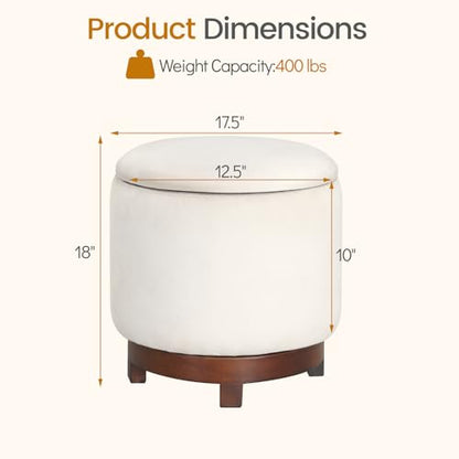 GIANTEX Round Ottoman with Storage, 360° Swivel Velvet Vanity Stool with Removable Lid, Wood Frame & Legs, Ottoman Foot Rest for Living Room, Bedroom, Makeup Room No Assembly (White & Walnut) - color: White & Walnut