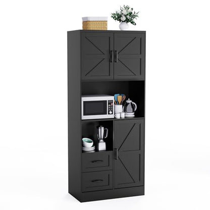 Farmhouse Kitchen Pantry Cabinet with LED Lights and Power Strip, Tall Kitchen Storage Cabinet, Kitchen Hutch with Microwave Stand & Barn Doors and Drawers for Dining Room - color: Black, style: Modern