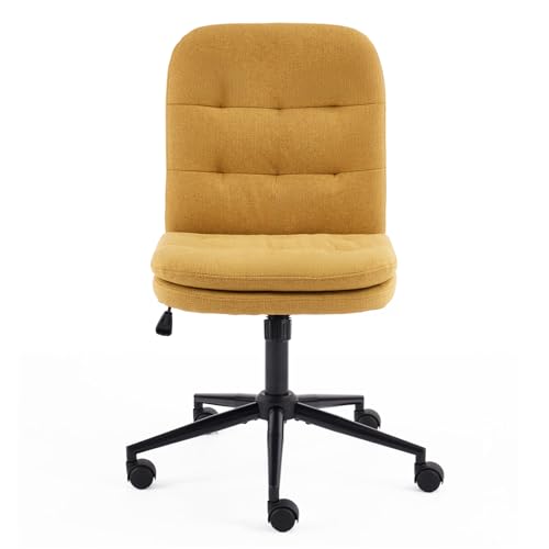 VINGLI Mid Back Armless Office Desk Chair with Wheels/no Wheels,360°Rocking Swivel Vanity Chair with Thickened Cushion,Adjustable Height Rolling for Reading Room, Make up, Linen Ginger Yellow - color: Ginger Yellow