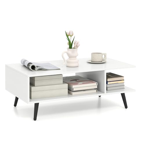 Giantex Coffee Table with Storage, Mid Century Modern Center Table for Living Room, Rectangle Tea Table with Open Storage Shelf & Floor-Anti-Scratching Tapered Metal Legs, Rustic Brown (White) - color: White