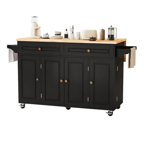59 Kitchen Island Cart with Drop Leaf Breakfast Bar, Rolling Mobile Kitchen Island Table on Wheels with Storage Cabinet, Drawer, Spice/Towel Rack, Black - size: 59 Inch