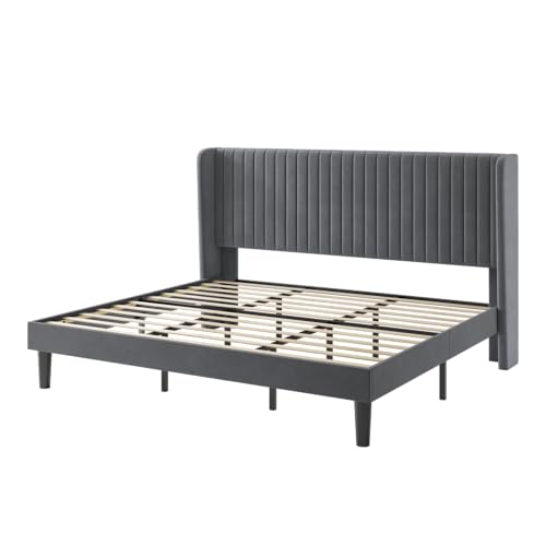 SHA CERLIN King Size Velvet Bed Frame, Tufted Wingback Headboard, Grey | 47'' Modern Vertical Channel Headboard, Upholstered Platform Bed, Wood Slats, No Box Spring Needed, Easy Assembly, Noise Free - color: Grey, size: King