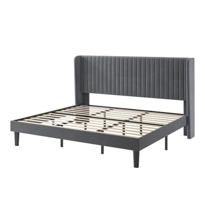 SHA CERLIN King Size Velvet Bed Frame, Tufted Wingback Headboard, Grey | 47'' Modern Vertical Channel Headboard, Upholstered Platform Bed, Wood Slats, No Box Spring Needed, Easy Assembly, Noise Free - color: Grey, size: King