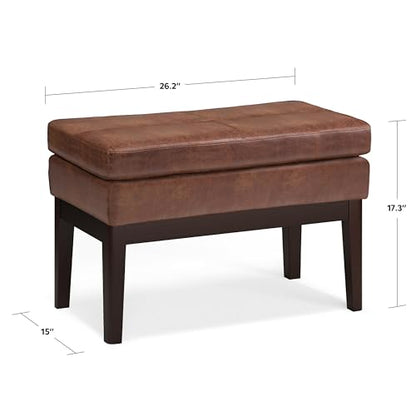 SIMPLIHOME Carlson 27" Wide Woven Fabric Rectangle Ottoman in Saddle Brown | Distressed saddle brown, mid-century modern ottoman with a padded seat for bedroom or living room; footstool or bench. - color: Distressed Saddle Brown, style: Small Ottoman Benc