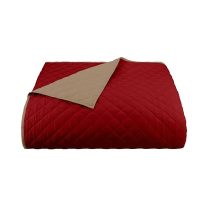 Martex Reversible Coverlet – Full Queen Size Quilt - Lightweight Full Size Bedding– Durable Queen Size Quilts for Bed – Soft - Easy Care Bedding – Khaki/Red - color: Khaki/Red, size: Full/Queen