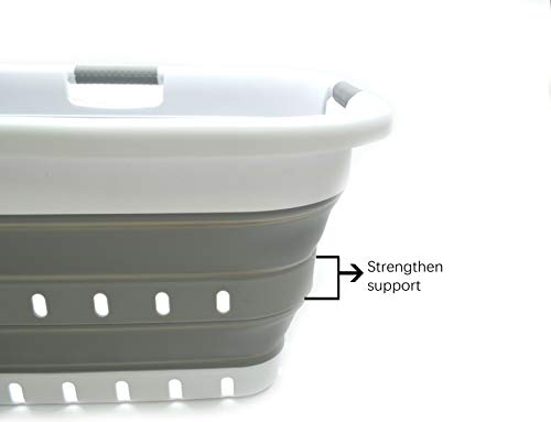 SAMMART 41L (10.8 gallon) Collapsible 3 Handled Plastic Laundry Basket - Foldable Pop Up Storage Container/Organizer - Portable Washing Tub - Space Saving (3 handled rectangular, White/Grey)