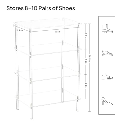 Aquiver Acrylic Small Shoe Rack - 18.1'' L x 11.8'' W x 28.5'' H - 4 Tier Shoe Rack for Front Door Entrance, Entryway, and Closet - Shoe Organizer Narrow Shoe Storage Shelf (Clear)