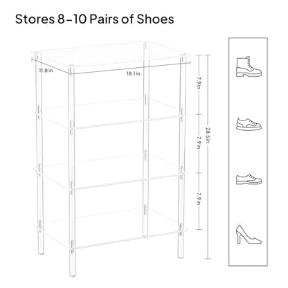 Aquiver Acrylic Small Shoe Rack - 18.1'' L x 11.8'' W x 28.5'' H - 4 Tier Shoe Rack for Front Door Entrance, Entryway, and Closet - Shoe Organizer Narrow Shoe Storage Shelf (Clear)
