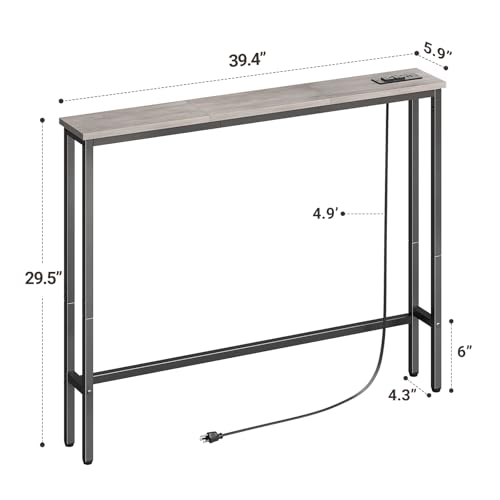 ELYKEN 39.4'' Narrow Console Table with Outlet, Sofa Table Behind Couch | Skinny Entryway Tables with Charging Station for Living Room, Hallway, 5.9 x 39.4 x 29.5in, Gray - color: Grey, size: 5.9"DX39.4"WX29.5"H