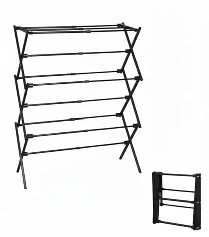 3-Tier Metal Folding Clothes Drying Rack, Laundry Drying Rack Clothing | Collapsible Dryer Racks for Laundry | Indoor & Outdoor,Black - color: Black