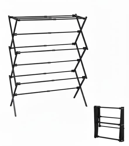 3-Tier Metal Folding Clothes Drying Rack, Laundry Drying Rack Clothing | Collapsible Dryer Racks for Laundry | Indoor & Outdoor,Black - color: Black